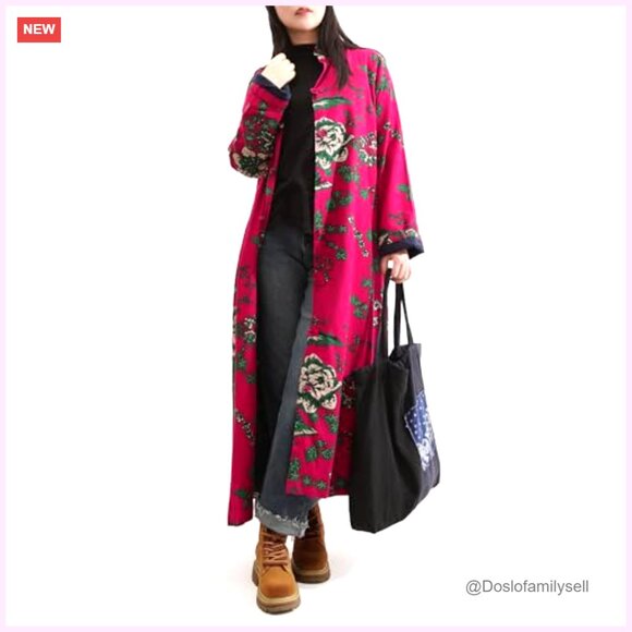 Vintage Floral Trench Coat Plus Size Cotton Linen Boho Long Jacket with Pockets - Picture 4 of 7